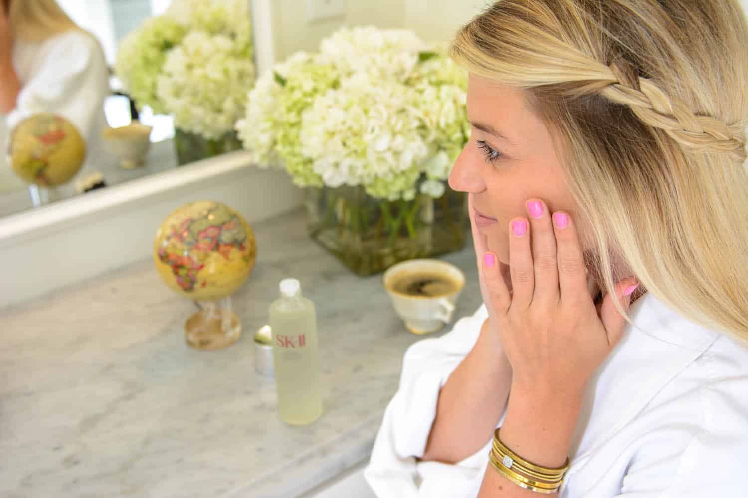 summer skincare routine using SK-II facial treatment essence in the morning