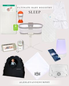 Breathable mattress, the halo bassinett, a monogrammed swaddle and more newborn sleep necessities pictured