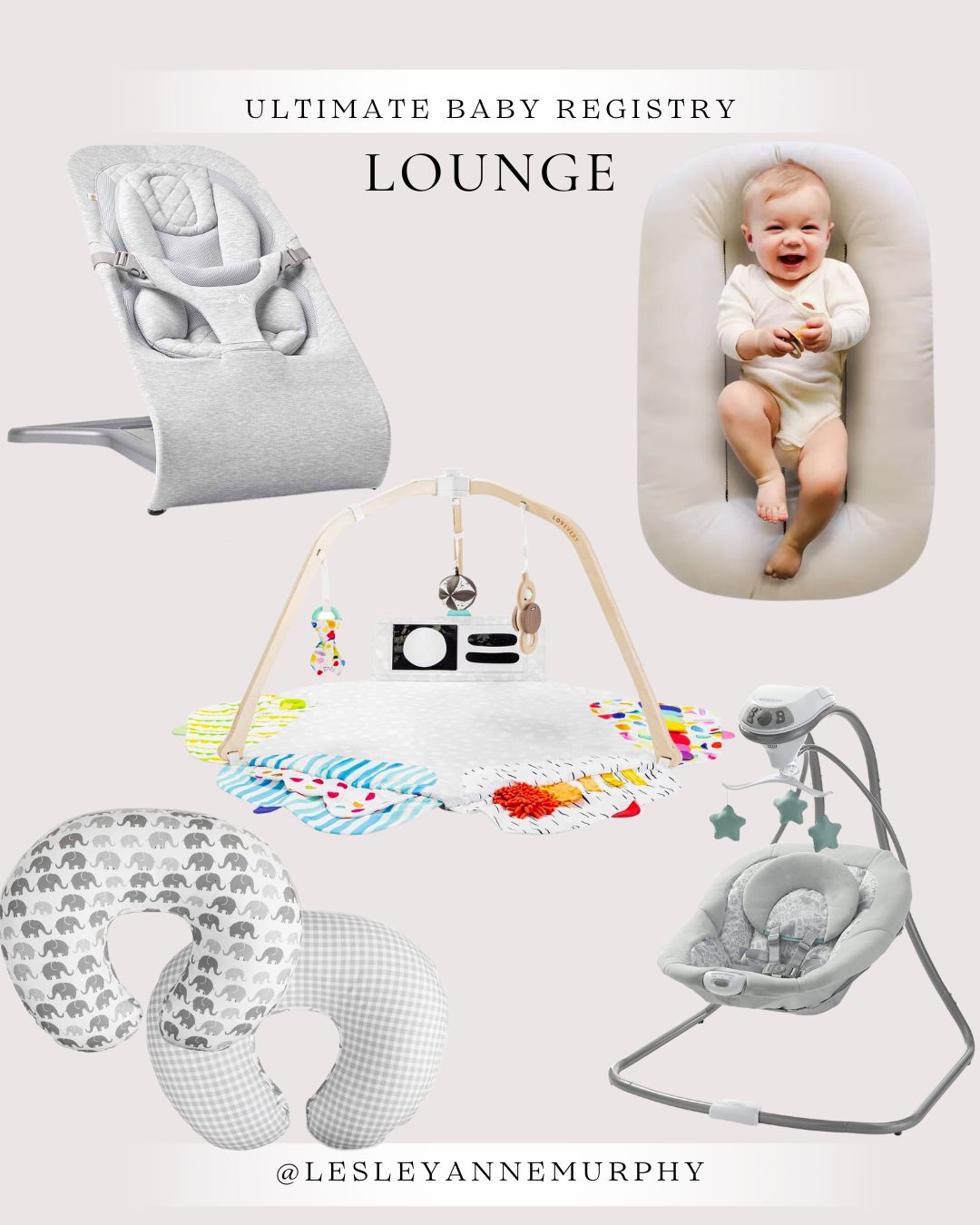 Boppy, Swing, play mat and more newborn lounge accessories pictured