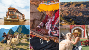 LimitLes Peru collage featuring the Delfin cruise, Peruvian traditional weaver, a drone shot of Cusco, a group of limitles women at Machu Picchu, and Lesley cuddling a white llama