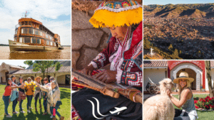 A collage of the delfin charter, girls cheersing with mimosas, a traditional Peruvian weaver, a drone shot of Cusco by Alex Kavanagh, and Lesley cuddling a white llama