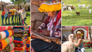 A collage of Colorful textiles, a traditional weaver, girls cheersing with mimosas, llamas roaming in the field, and Lesley with a white llama
