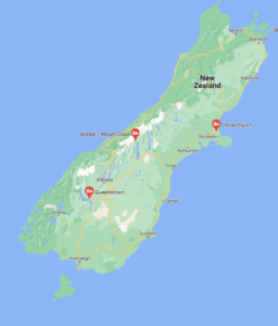 Map of South Island New Zealand with Queenstown, Mt Cook, and Christchurch marked