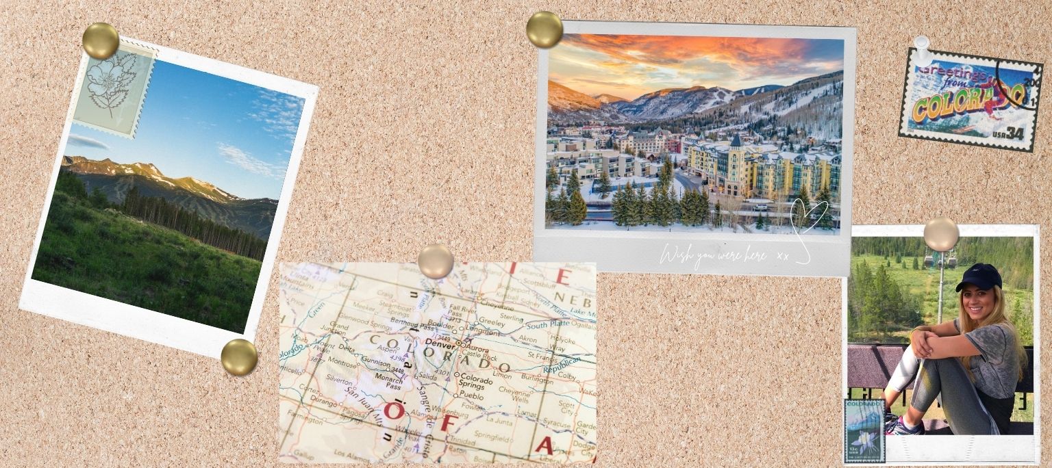 Cork board graphic with photos of Breckenridge landscape, stamps, map and Lesley taking the gondola.
