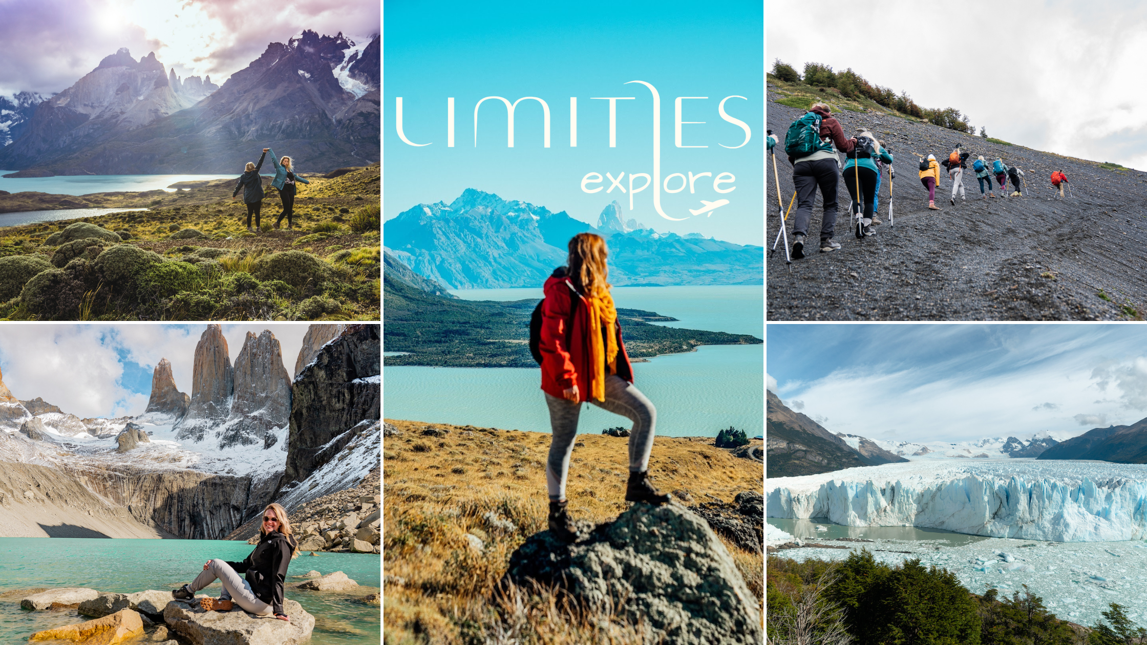 A collage of 5 photos. Top left is 2 women dancing in the Patagonia landscape in front of the Towers. Middle is a woman in red jacket mid-hike admiring her surroundings. Top right is a group of women hiking in line. Bottom left is LimitLes alumni Ruth P at the Base of the Towers. Bottom right is Peritto Moreno Glacier.