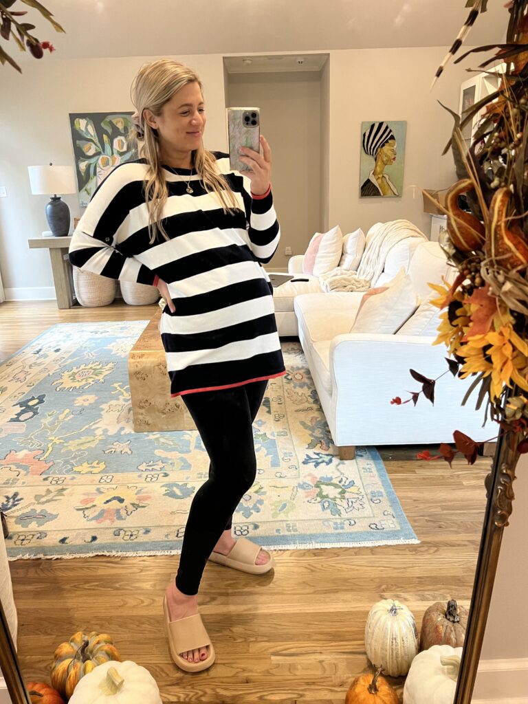 Lesley 2 weeks postpartum in the striped sweater and leggings linked below