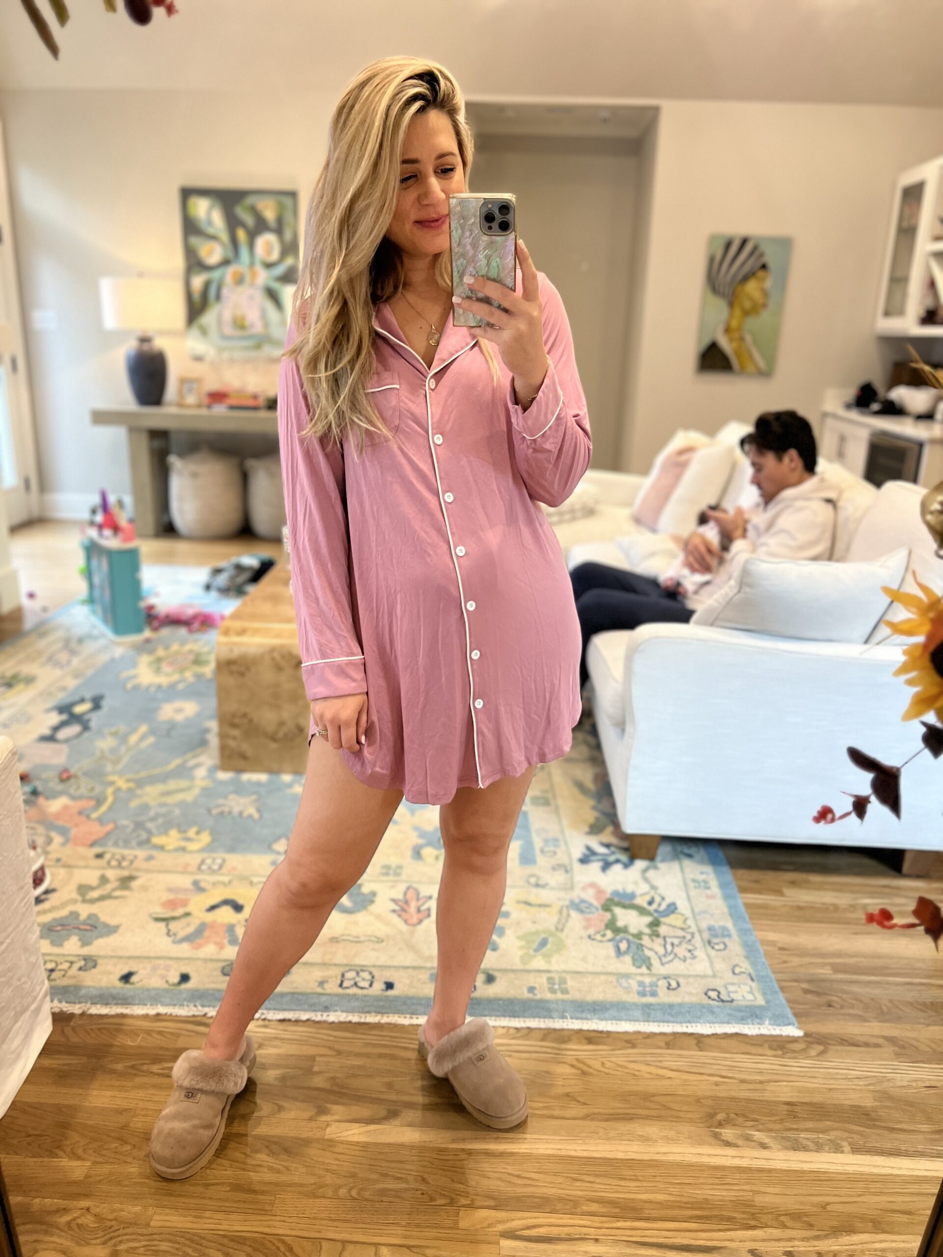 Lesley in a pink sleep shirt for comfy postpartum vibes