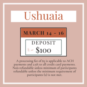 This $100 ticket is to reserve your spot for the pre-LimitLes Ushuaia Extension March 14 - March 16. A processing fee of $5 for ACH and 2.9% for credit cards applies to all payments.